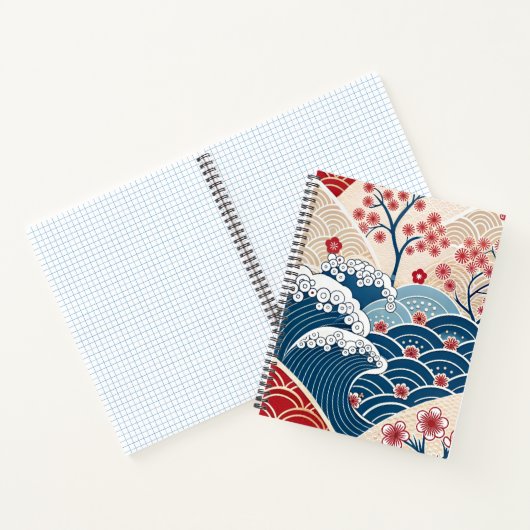 Traditional Red Blue Japanese Wave Sakura Pattern ノートブック (内部)
