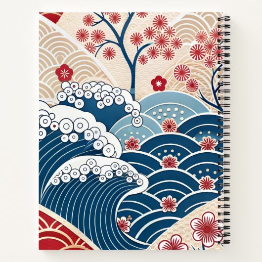 Traditional Red Blue Japanese Wave Sakura Pattern ノートブック (裏面)