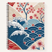 Traditional Red Blue Japanese Wave Sakura Pattern ノートブック (正面)