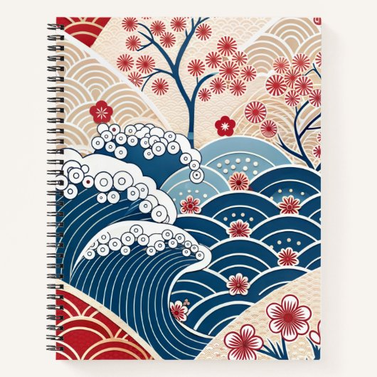 Traditional Red Blue Japanese Wave Sakura Pattern ノートブック (正面)