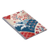 Traditional Red Blue Japanese Wave Sakura Pattern ノートブック (右側)