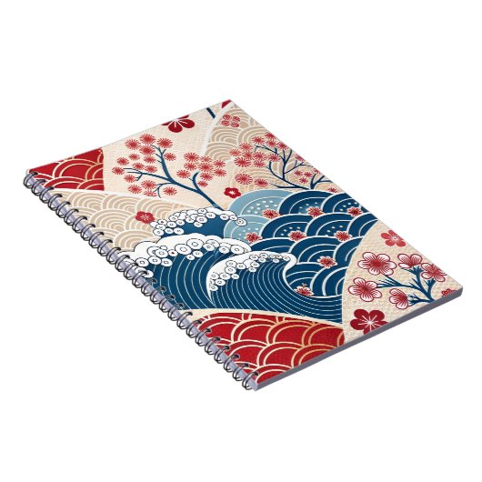Traditional Red Blue Japanese Wave Sakura Pattern ノートブック (右側)