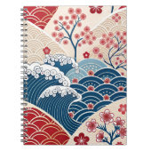Traditional Red Blue Japanese Wave Sakura Pattern ノートブック (正面)