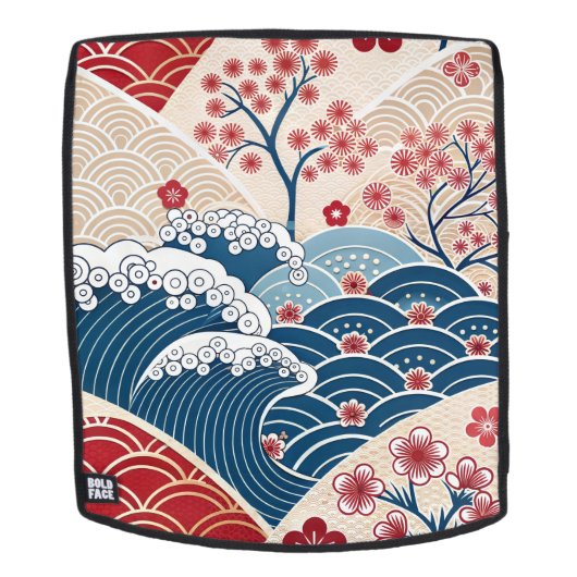 Traditional Red Blue Japanese Wave Sakura Pattern バックパック (取り外し可フェース)