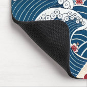 Traditional Red Blue Japanese Wave Sakura Pattern マウスパッド (コーナー)