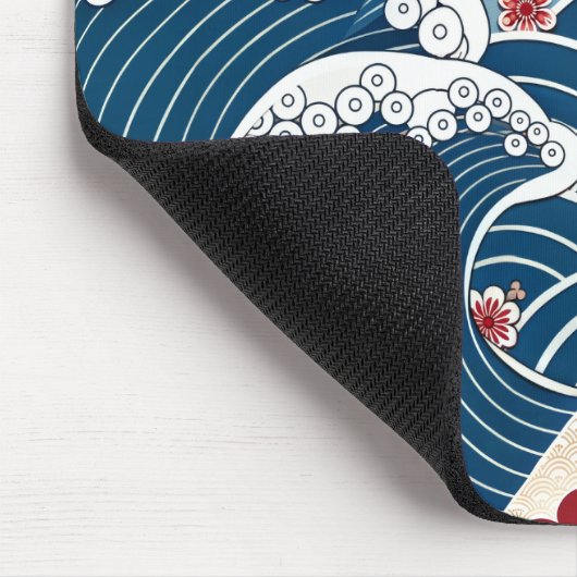 Traditional Red Blue Japanese Wave Sakura Pattern マウスパッド (コーナー)