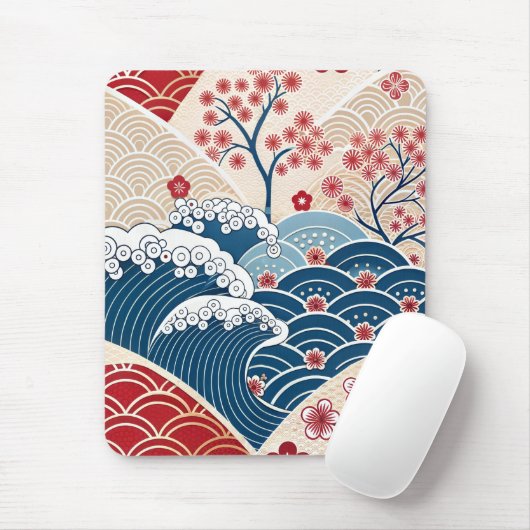 Traditional Red Blue Japanese Wave Sakura Pattern マウスパッド (マウス)