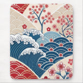 Traditional Red Blue Japanese Wave Sakura Pattern マウスパッド (正面)