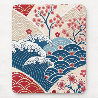 Traditional Red Blue Japanese Wave Sakura Pattern マウスパッド