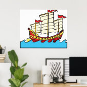 Traditional Red Chinese Junk Ship on Blue Waves ポスター (ホームオフィス)