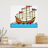 Traditional Red Chinese Junk Ship on Blue Waves ポスター (キッチン)