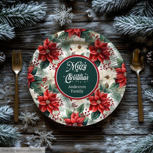 Traditional Red Green Christmas Floral Paper Plate ペーパープレート