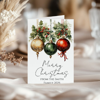 Traditional Red Green Gold Bauble Holly Christmas カード