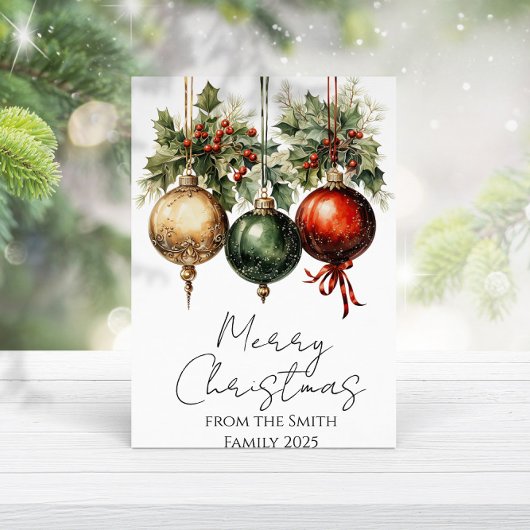 Traditional Red Green Gold Bauble Holly Christmas カード