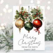 Traditional Red Green Gold Bauble Holly Christmas カード