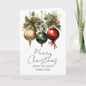 Traditional Red Green Gold Bauble Holly Christmas カード (正面)