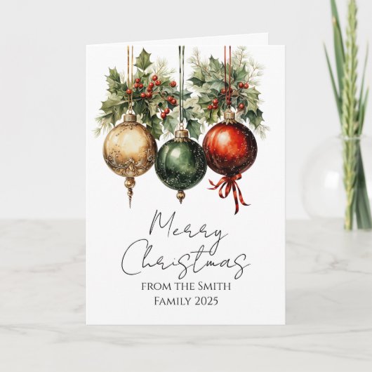 Traditional Red Green Gold Bauble Holly Christmas カード (正面)