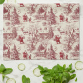 Traditional Santa Claus Red on Cream Toile De Jouy キッチンタオル (折り畳み)