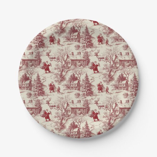 Traditional Santa Claus Red on Cream Toile De Jouy ペーパープレート (正面)