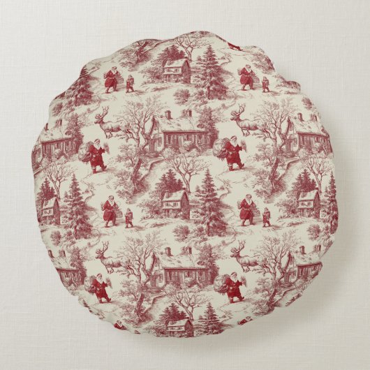 Traditional Santa Claus Red on Cream Toile De Jouy ラウンドクッション (裏面)