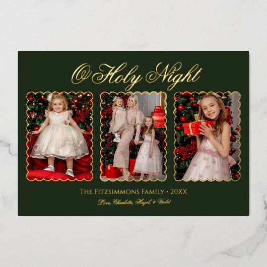 Traditional Three Photo Family Foil Christmas Card 箔シーズンカード (正面)