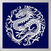 Traditional White and Blue Chinese Dragon Circle ポスター (正面)