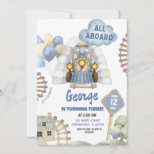 Train All Aboard Boy誕生日 招待状 (正面)