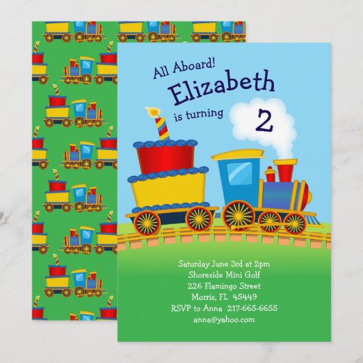 Train Birthday Party Kids Cute 招待状 (正面/裏面)
