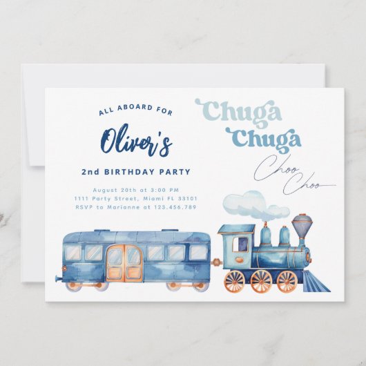 Train Blue Chuga Chuga Choo Choo モダン 誕生日 招待状 (正面)