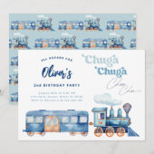 Train Blue Chuga Chuga Choo Choo モダン 誕生日 招待状 (正面/裏面)