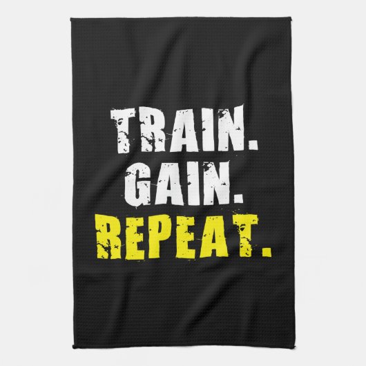 TRAIN, GAIN, REPEAT – ジムトレーニング やる気を起こさせる キッチンタオル (縦)