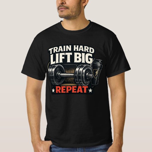 Train Hard Lift Big Repeat Bodybuilding Gym T-Shir Tシャツ (正面)