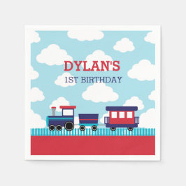 Train Napkins (Navy & Red) – ボーイズ子供の誕生日 スタンダードカクテルナプキン