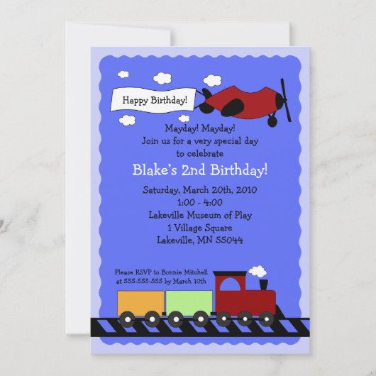 Train & Plane 5x7 cute boy birthday invitation 招待状 (正面)