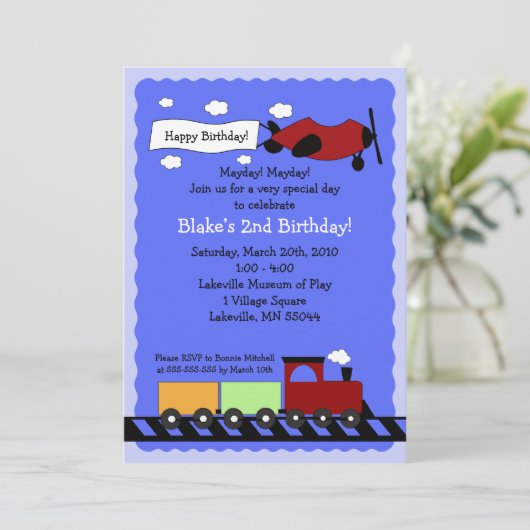 Train & Plane 5x7 cute boy birthday invitation 招待状 (スタンド正面)
