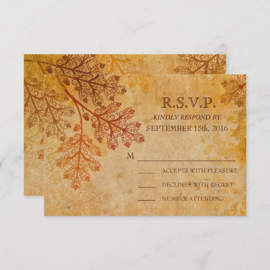 Tranishedのレースのような葉の秋の結婚式RSVPカード 出欠カード (正面/裏面)