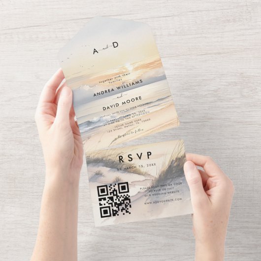 Tranquil Beach Sunset Boho Destination Wedding オールインワン招待状 (貼ってはがせる)