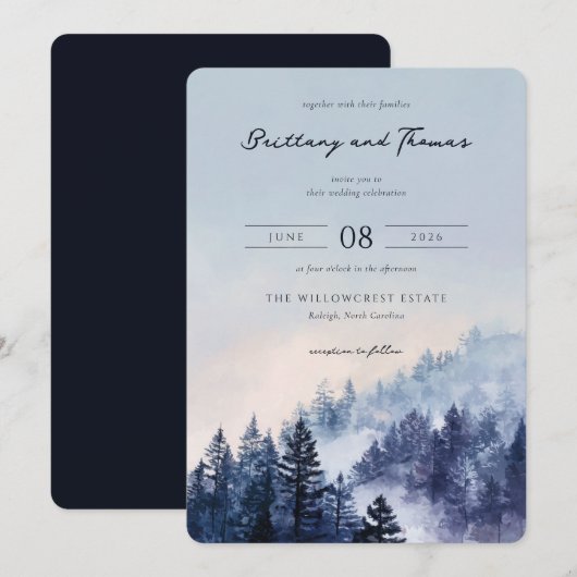Tranquil Blue Watercolor Forest 招待状 (正面/裏面)