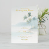 Tranquil Blue Watercolor Palm Trees 箔招待状 (立ち正面)