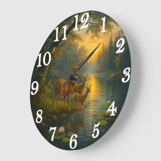 Tranquil deer family in sunlit forest ラージ壁時計 (傾斜)