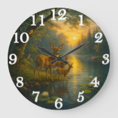 Tranquil deer family in sunlit forest ラージ壁時計 (正面)