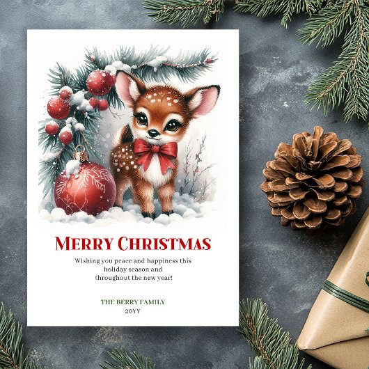 Tranquil Fawn Snowy Forest Christmas Greeting Card シーズンカード
