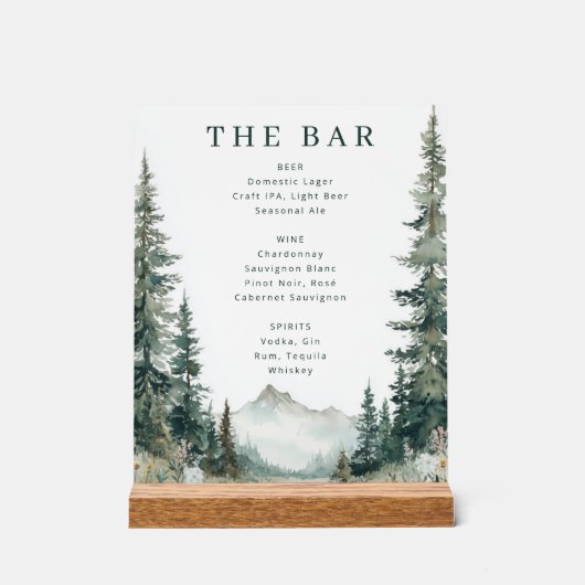 Tranquil Green Watercolor Mountain Bar Menu アクリルサイン (正面)