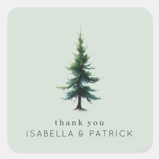 Tranquil Green Watercolor Tree スクエアシール (正面)