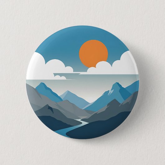 Tranquil Horizon | Minimal Mountain Landscape Art 缶バッジ (正面)