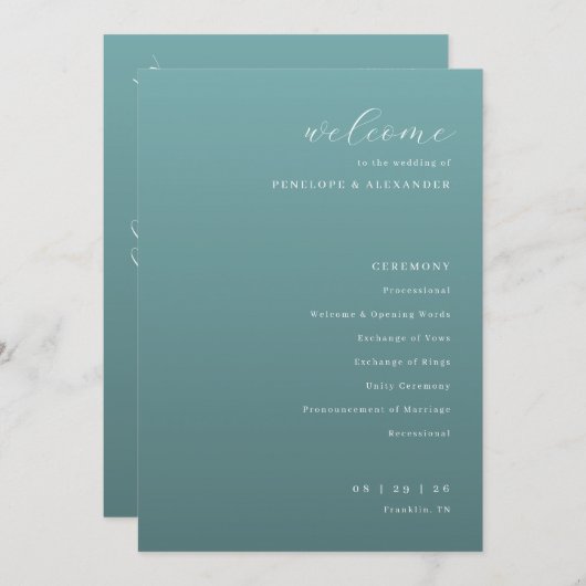 Tranquil Teal Wedding Ceremony Schedule プログラム (正面/裏面)