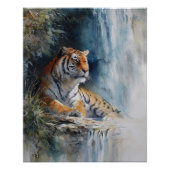 Tranquil Waterfall Tiger Misty Cliff Art ポスター (正面)