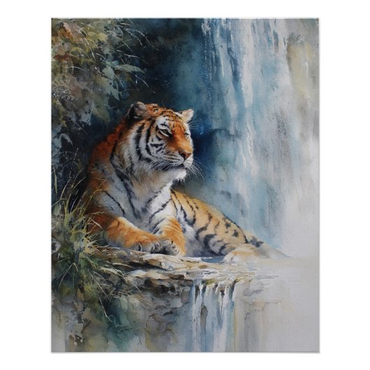 Tranquil Waterfall Tiger Misty Cliff Art ポスター (正面)