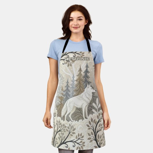 Tranquil Winter Forest Scene with White Wolves エプロン (着用した状態)