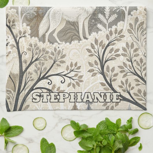 Tranquil Winter Forest Scene with White Wolves キッチンタオル (折り畳み)